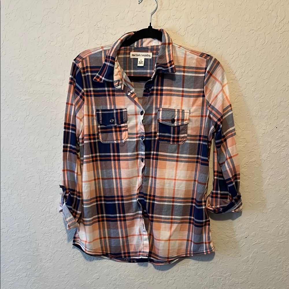 New York Laundry Blue and Orange Plaid Shirt